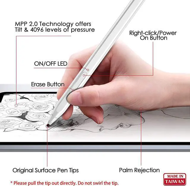 Alt view image 7 of 7 - BONAEVER Stylus for Surface, 4096 Pressure Sensitivity, Compatible with Surface Pro 12/11/10/9/8/7/6/5/4/Laptop Studio/Go 3/Duo 2, First D Shape Body, Rechargeable