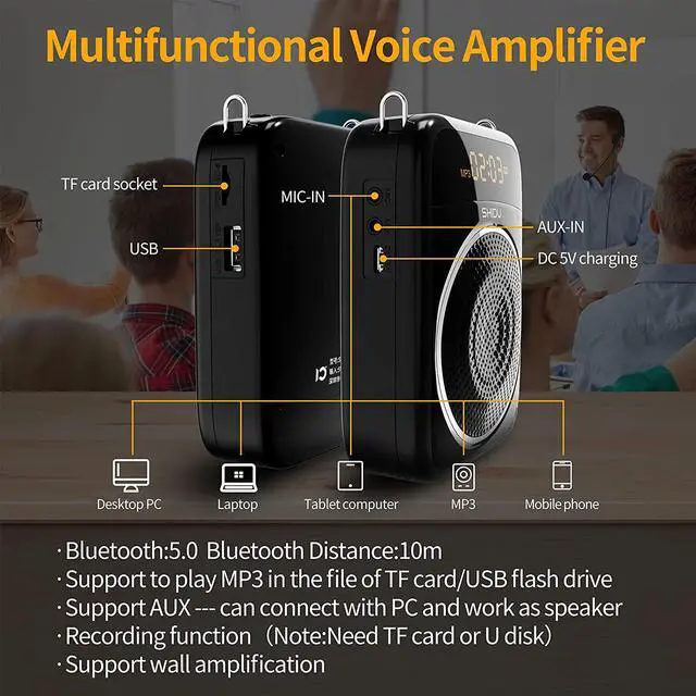 Alt view image 4 of 7 - BONAEVER Portable Voice Amplifier for Teacher with Microphone Headset 2000 mAh Personal Speaker Rechargeable Support MP3 LED Screen for Teachers Tour Guide Coaches Classroom
