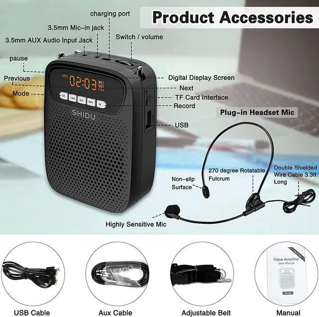 Alt view image 7 of 7 - BONAEVER Portable Mini Voice Amplifier Wired Headset Microphone Speaker Set for Teachers 15W Rechargeable Personal Mic for ClassroomTour GuidesIn Standructors Presentation