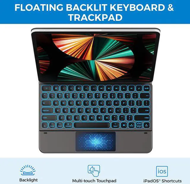 Alt view image 5 of 7 - BONAEVER Floating Cantilever Stand Magnetic Wireless Keyboard Case Compatible with iPad Pro 12.9 inch 2021 2020 2018 5th & 4th & 3rd Gen iPad Case with Multi-Touch Trackpad Backlit Black