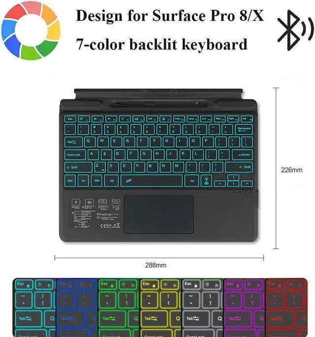 Alt view image 4 of 7 - Type Cover for 13 inch Microsoft Surface Pro 9 / Pro 8 / Pro X, Portable Bluetooth 5.1 Wireless 7-Color Backlit Surface Pro 9/8/X Keyboard with Touchpad/Pencil Holder/Built-in Rechargeable Battery