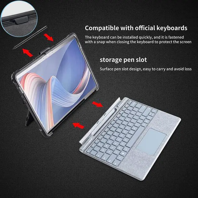 Alt view image 4 of 7 - BONAEVER Protective Case for 13 inch Microsoft Surface Pro 8 2021 with Shoulder Strap H StrapPen Holder Shockproof Folio Rugged Cover Compatible with Original Type Cover Keyboard + Original Standand