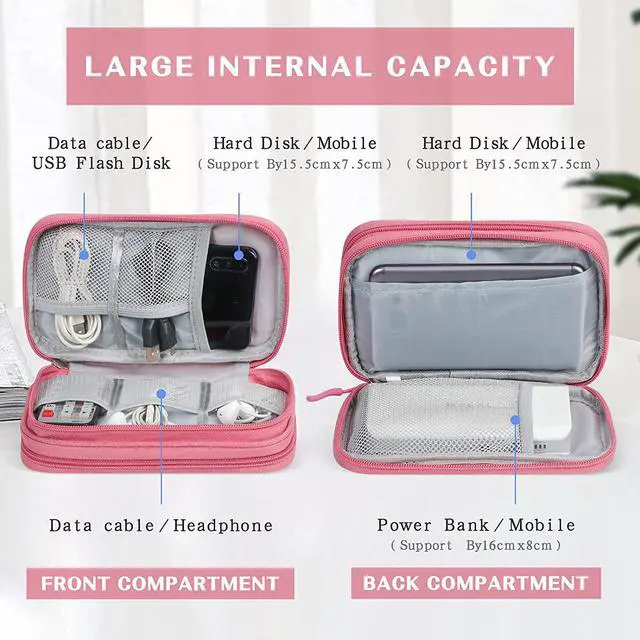 Alt view image 3 of 7 - BONAEVER Electronic Organizer Travel Cable Organizer Bag Pouch Electronic Accessories Carry Case Portable Waterproof Double Layers All-in-One Storage Bag for Cable Cord Charger Phone Earphone Pink