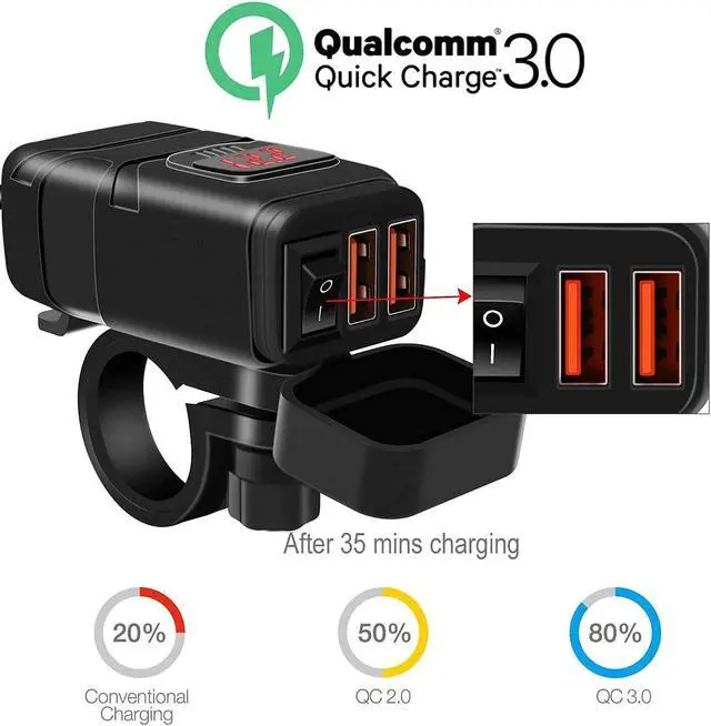 Alt view image 4 of 7 - BONAEVER Motorcycle USB Phone Charger Waterproof 6.8A Dual Port QC3.0 Fast Charging Quick Disconnect SAE USB Adapter with Voltmeter ON/Off Switch&Fuse for Phone
