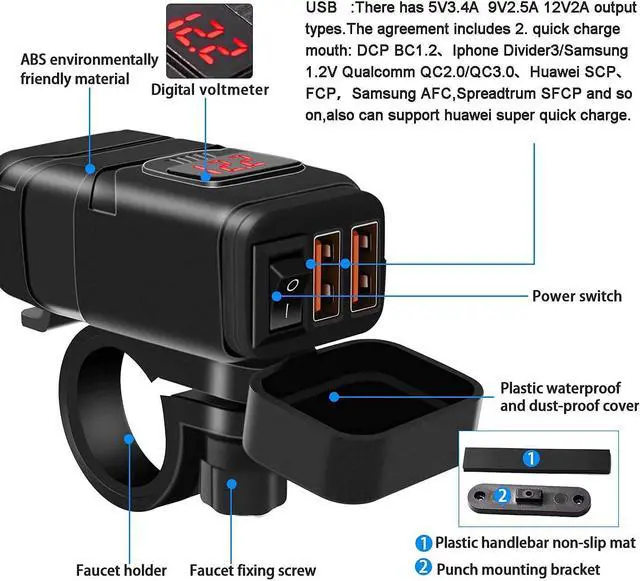 Alt view image 2 of 7 - BONAEVER Motorcycle USB Phone Charger Waterproof 6.8A Dual Port QC3.0 Fast Charging Quick Disconnect SAE USB Adapter with Voltmeter ON/Off Switch&Fuse for Phone