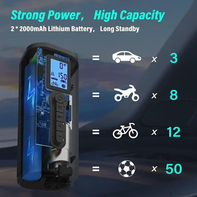 Alt view image 2 of 7 - BONAEVER 150 PSI Tire Inflator Portable Air Compressor Bicycle Pump With Digital Pressure Gauge LED Light Mini Rechargeable Tire Pump Electric Air Pump For Car Bike Motorcycle Balls