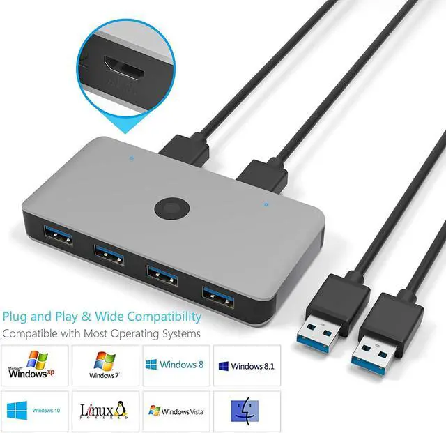 Alt view image 7 of 7 - BONAEVER USB 3.0 Aluminum Sharing Switch Selector 4 Port 2 Computers Peripheral Switcher Adapter Hub for PC Printer Scanner Mouse Keyboard with One Button Swapping 2 Pack USB 3.0 Male Cable