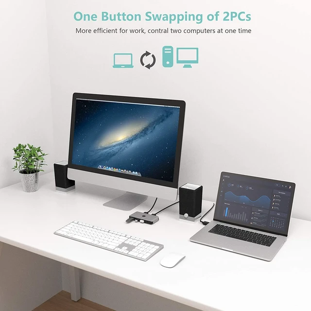 Alt view image 6 of 7 - BONAEVER Aluminum Build USB Switch Selector 2 Computers Sharing 4 USB Devices USB 2.0 Peripheral Switcher Box Hub for Mouse Scanner Printer PCs with One-Button Swapping 2 Pack USB A to A Cable