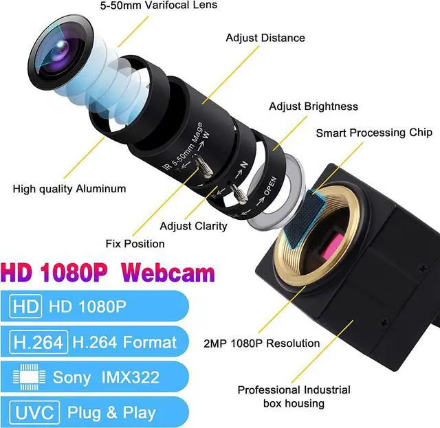 Alt view image 3 of 7 - BONAEVER 2MP Low Illumination USB Camera with 5-50mm Manual Zoom Lens USB Webcamera Full HD 1080P 30fps H.264 Webcam with IMX323 Sensor Plug Play USB Webcam for Windows/Linux/Raspberry Pi/Mac