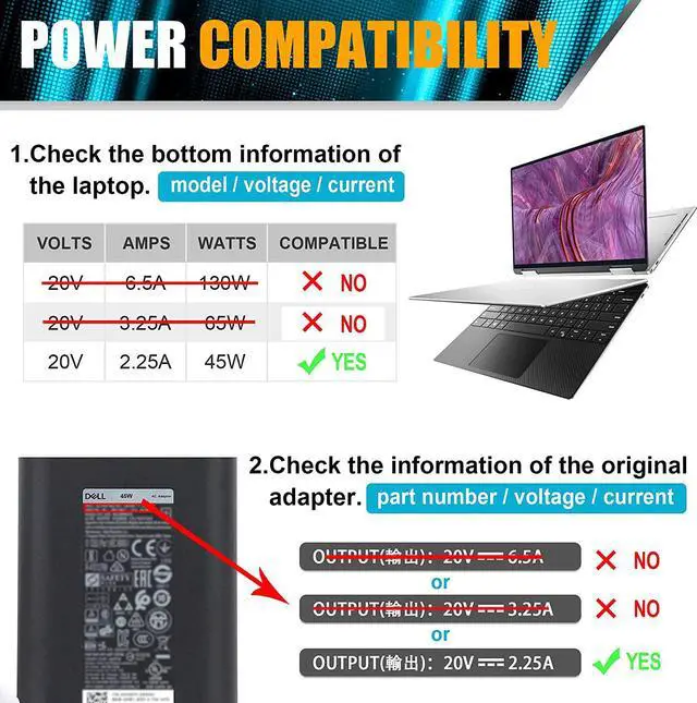 Alt view image 3 of 7 - USB-C Laptop Charger 45W compatible with Dell Latitude 7390 2in1 7275 7370 5175 5285 5290-2in1,Dell XPS 13 9360 9365 9370 9333 9380 Inspiron 14 7437,04RYWW LA45NM150 0HDCY5 with Type c(USB C/USBC) Tip