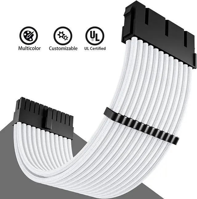 Alt view image 3 of 7 - BONAEVER White Sleeved Cable PSU Power Supply Cable Extension Kits 18AWG 24Pin ATX / 8 (4+4) Pin EPS/Dual 8 (6+2) Pin PCIE with Combs 30CM
