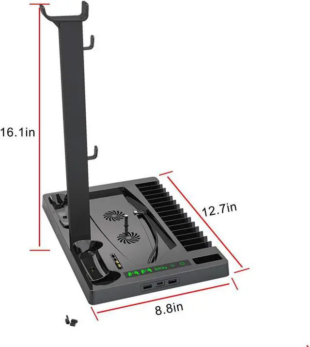 Alt view image 4 of 7 - Vertical Stand with Cooling Fan for PS5 Console and PS5 Digital Edition, PS5 Dualsense Charging Station, Charging Station Dock with Dual Controller Charger Ports and Retractable Game Storage for PS5