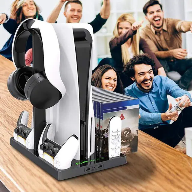 Alt view image 6 of 7 - Vertical Stand with Cooling Fan for PS5 Console and PS5 Digital Edition, PS5 Dualsense Charging Station, Charging Station Dock with Dual Controller Charger Ports and Retractable Game Storage for PS5