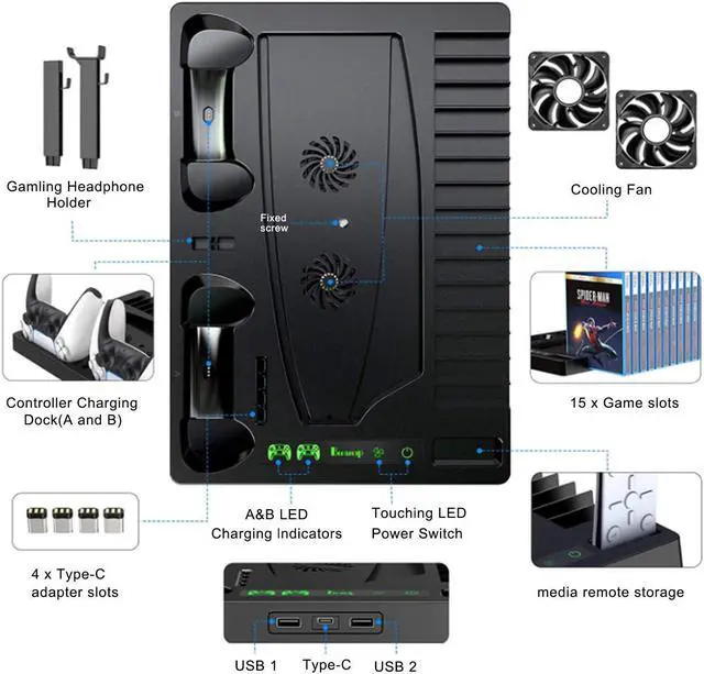 Alt view image 3 of 7 - Vertical Stand with Cooling Fan for PS5 Console and PS5 Digital Edition, PS5 Dualsense Charging Station, Charging Station Dock with Dual Controller Charger Ports and Retractable Game Storage for PS5