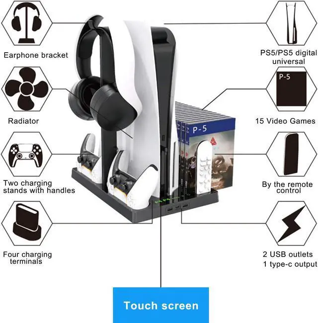 Alt view image 5 of 7 - Vertical Stand with Cooling Fan for PS5 Console and PS5 Digital Edition, PS5 Dualsense Charging Station, Charging Station Dock with Dual Controller Charger Ports and Retractable Game Storage for PS5
