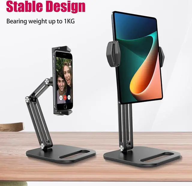Alt view image 4 of 7 - BONAEVER Stand andolder Desktop Phone Mount Stand with 2 Adjustable Arm 360° Rotates Holder Universal Foldable Multi Angle Compatible with iPad iPhone More