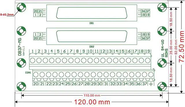 Alt view image 5 of 7 - BONAEVER DB37 Male/Female D-SUB Din Rail Mount Interface Module RS232 D-SUB Serial to 37-pin Port Terminal D-sub Terminal Block Breakout Board