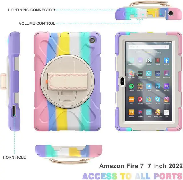 Alt view image 2 of 7 - BONAEVER For Amazon All-New Kindle Fire 7 (12th Generation 2022 Release) Case Shockproof Protective Case for All-New Kindle Fire 7 inch with Stand andandle Hand Strap & Shoulder Strap Pink/White