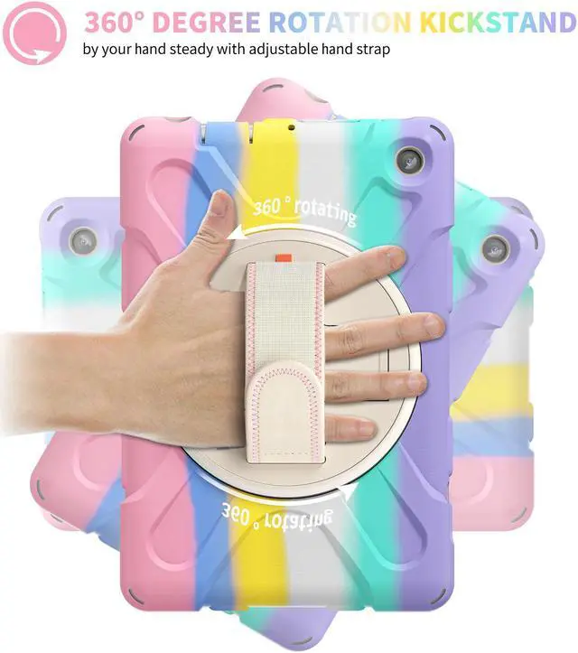 Alt view image 3 of 7 - BONAEVER For Amazon All-New Kindle Fire 7 (12th Generation 2022 Release) Case Shockproof Protective Case for All-New Kindle Fire 7 inch with Stand andandle Hand Strap & Shoulder Strap Pink/White
