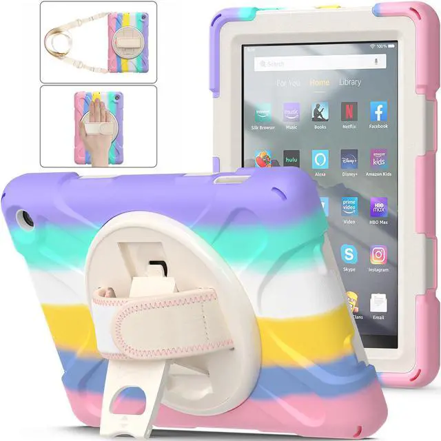 Main image of BONAEVER For Amazon All-New Kindle Fire 7 (12th Generation 2022 Release) Case Shockproof Protective Case for All-New Kindle Fire 7 inch with Stand andandle Hand Strap & Shoulder Strap Pink/White