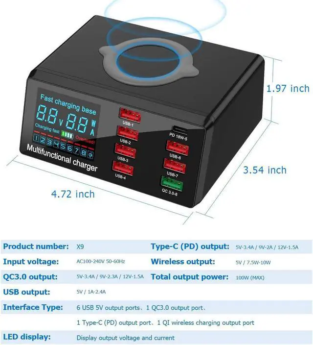 Alt view image 4 of 7 - BONAEVER Quick Charge 3.0 8-Port USB Fast Charger100W USB hub Fast Charging Station Compatible with All Phone ipadQC 3.0 PD Fast Charger 10W Max Fast Wireless Charging