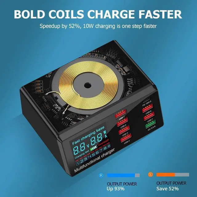 Alt view image 6 of 7 - BONAEVER Quick Charge 3.0 8-Port USB Fast Charger100W USB hub Fast Charging Station Compatible with All Phone ipadQC 3.0 PD Fast Charger 10W Max Fast Wireless Charging