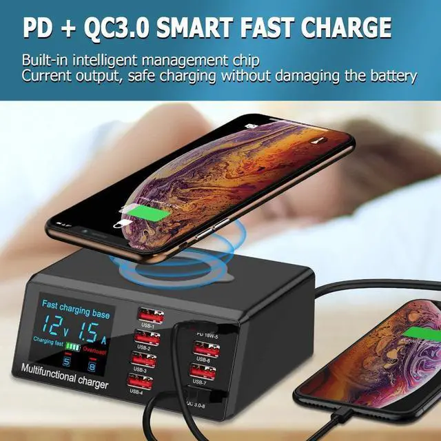 Alt view image 5 of 7 - BONAEVER Quick Charge 3.0 8-Port USB Fast Charger100W USB hub Fast Charging Station Compatible with All Phone ipadQC 3.0 PD Fast Charger 10W Max Fast Wireless Charging