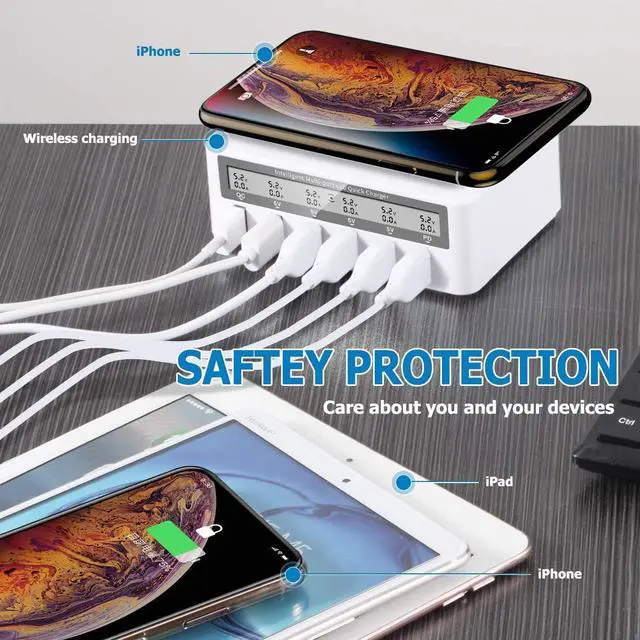 Alt view image 3 of 7 - BONAEVER USB Fast Charger Multi-Port 100W-6 Port USB Fast Charging Station with Quick Charge 3.0 QC 3.0 PD Speed Chargerwith 10W Max Wireless Charging