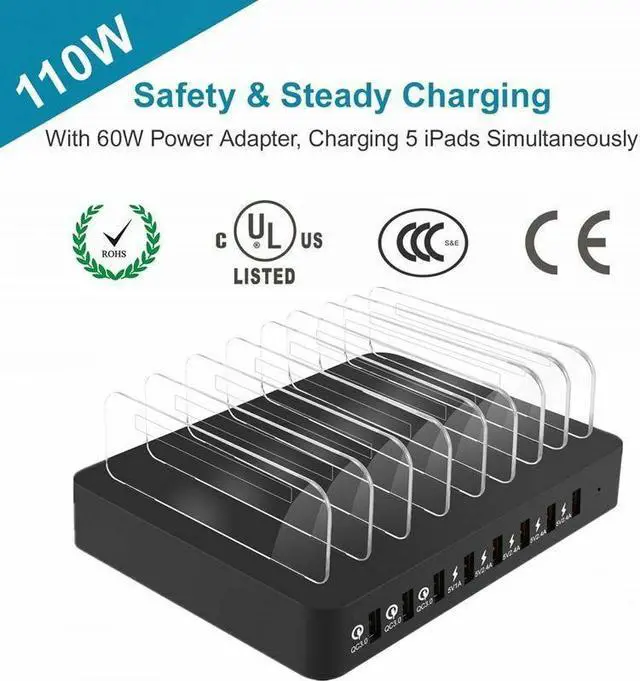 Main image of BONAEVER 110W 8 Ports USB Charger Hub QC 3.0 Fast Charging Station Dock with Dividers For iPhone iPad Air/Mini Samsung Galaxy LG Standylo Google Pixel Kindle