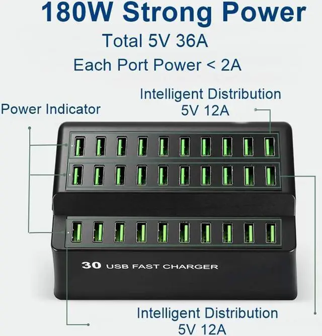 Alt view image 5 of 7 - BONAEVER USB Charging Station 30 Ports 180W USB Charger Desktop USB Wall Charger Rapid ChargerMultiple USB Charging Station for iPhone iPad Samsung Galaxy Smart Phone Kindle More