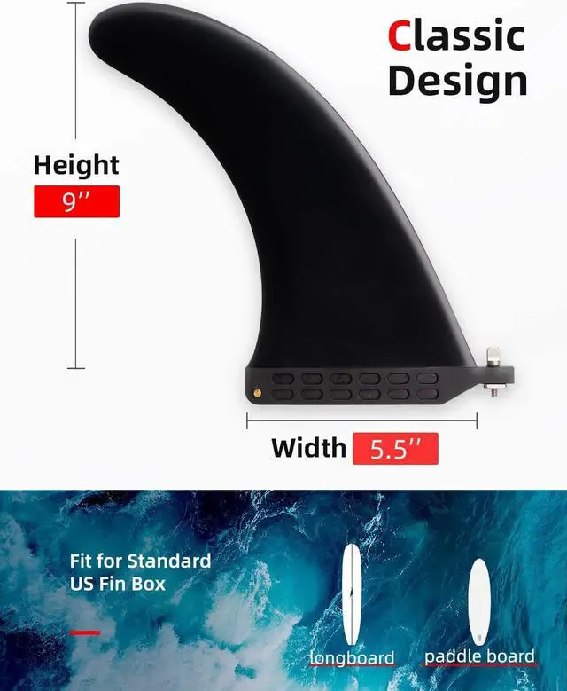 Alt view image 2 of 6 - 9'' SUP Single Center Fin, No Tool Fin Screw, Fiberglass Reinforeced 9 inch SUP Replacement Fins for Surfboard, Stand-up Paddle Board, Longboard