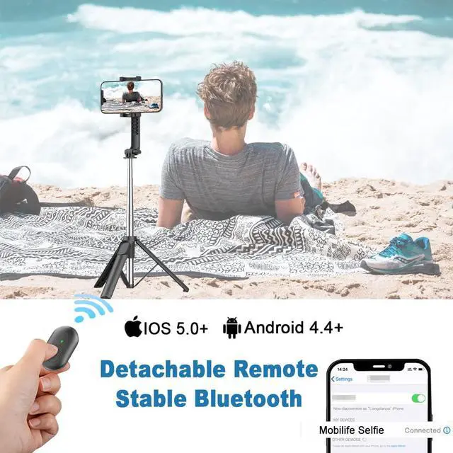 Alt view image 6 of 7 - BONAEVER 4 in 1 Extendable Long Selfie Stick with Tripod for Mobile Phone Bluetooth Selfie Sticks with Remote and Large Reinforced Tripod for iPhone Samsung Mi Realme Oneplus Vivo Oppo Gopro Vlogging