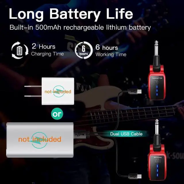 Alt view image 6 of 6 - BONAEVER Wireless Guitar Systerm UHF Wireless Guitar Transmitter Receiver 164 Feet Range with HD LED Screen for Electric Guitar Bass Musical In Standruments