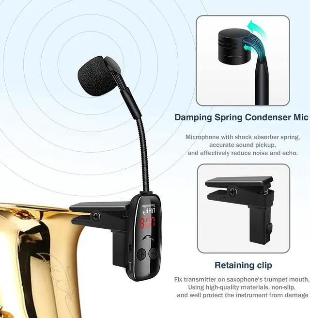 Alt view image 2 of 7 - BONAEVER UHF Wireless In Standruments MicrophoneSaxophone MicrophoneWireless Receiver Transmitter160ft RangePlug PlayGreat for Trumpets Clarinet Cello