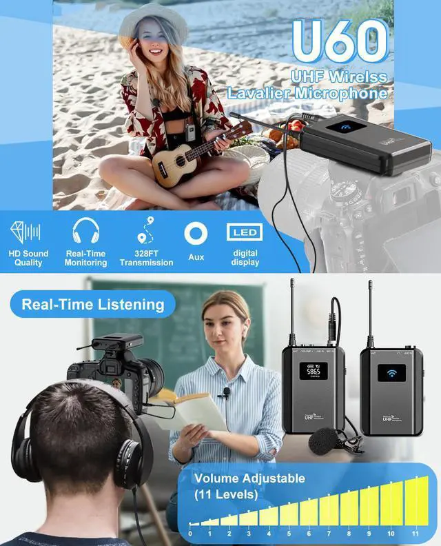 Alt view image 7 of 7 - BONAEVER Wireless Headset Lavalier Microphone Systerm - Dual Wireless Lapel Mic for iPhone DSLR Camera PA Speaker YouTube Podca Stand Video Recording Conference Vlogging Church Interview Teaching
