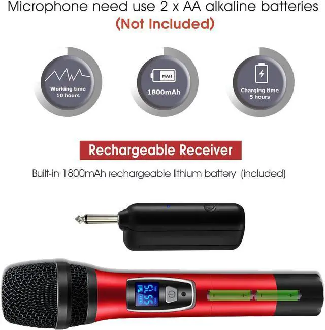 Alt view image 4 of 7 - BONAEVER Wireless MicrophonesDual UHF Karaoke Wireless Microphone Systerm with Rechargeable Receiver for Party MeetingChurchWedding260ft Range