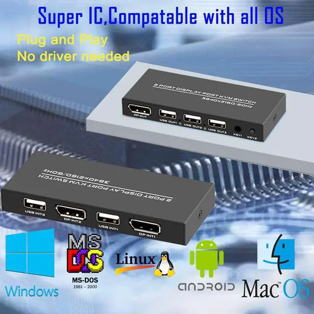 Alt view image 5 of 7 - BONAEVER KVM Switch DisplayPort - 2 Port Displayport KVM Switch Two Computers One Monitor Switch to Share MouseKeyboardPrinterUSB Ultra HD Monitor Support 4K@60Hz 2 DP Cable 2 USB Cable Included