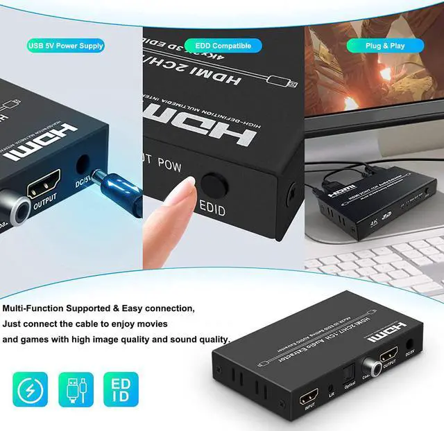 Alt view image 6 of 7 - BONAEVER 4Kx2K@30HZ HDMI Audio Extractor Splitter HDMI 2CH / 7.1 CH Audio Output 3D EDID Digital / Analog Audio Extraction
