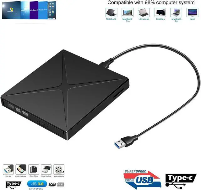 Main image of BONAEVER External CD DVD Drive Ultra-Slim Portable External DVD Recorder Player Reader 2 in 1 USB 3.0 Type-C CD Writer for Laptop MacBook Air Pro Desktop PC Apple Mac Win 11/10/8/XP