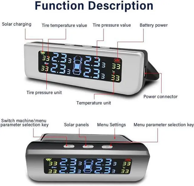 Alt view image 4 of 7 - BONAEVER Tire Pressure Monitoring Alarm Systerm TPMS Solar Device Solar Charge Large Colorful Screen Simple In Standallation Setup with 4 External Sensors