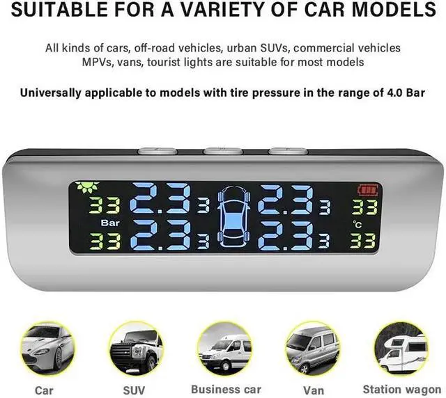 Alt view image 2 of 7 - BONAEVER Tire Pressure Monitoring Alarm Systerm TPMS Solar Device Solar Charge Large Colorful Screen Simple In Standallation Setup with 4 External Sensors