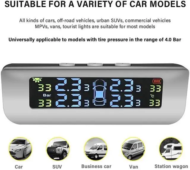 Alt view image 2 of 7 - BONAEVER Tire Pressure Monitoring Alarm Systerm TPMS Solar Device Solar Charge Large Colorful Screen Simple In Standallation Setup with 4 Internal Sensors
