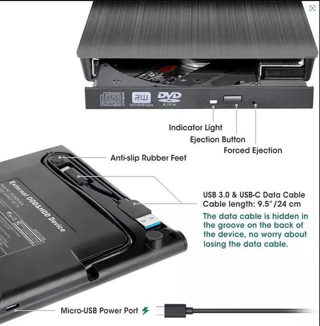 Alt view image 6 of 7 - BONAEVER External CD/DVD Drive for Laptop USB-C & USB 3.0 CD/DVD ROM Drive Reader Writer Burner Compatible with Laptop PC MacBook Mac Windows 10/8/7 Linux OS Apple