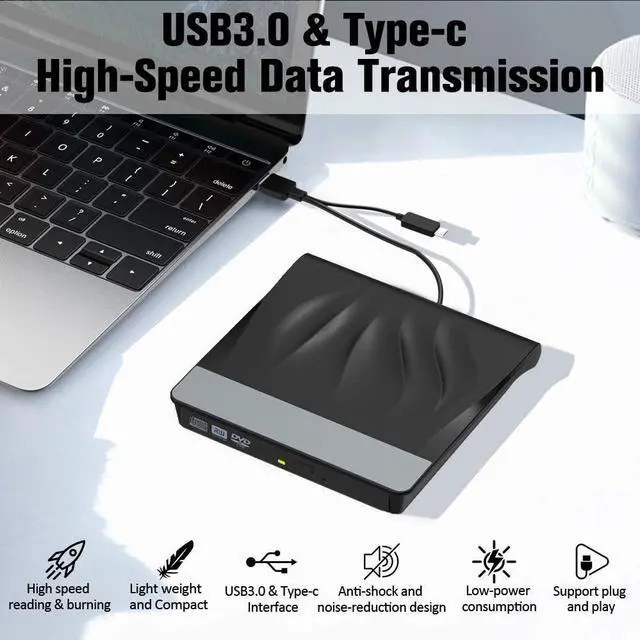 Alt view image 2 of 7 - BONAEVER External CD DVD Drive USB 3.0 Type-C Portable Superdrive Burner Player Writer CD DVD +/- RW Compatible with Windows 10 8 7 XP Vi Standa Mac OS Systerm for Mac Pro Air iMac Laptop
