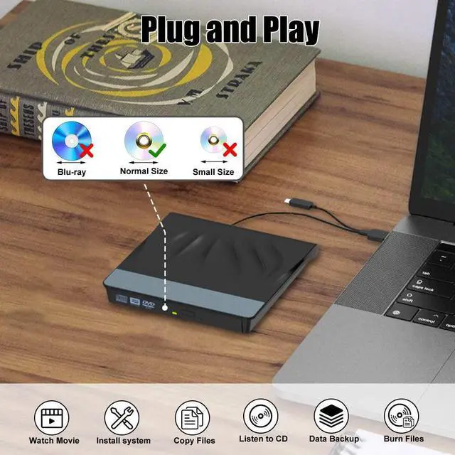 Alt view image 4 of 7 - BONAEVER External CD DVD Drive USB 3.0 Type-C Portable Superdrive Burner Player Writer CD DVD +/- RW Compatible with Windows 10 8 7 XP Vi Standa Mac OS Systerm for Mac Pro Air iMac Laptop