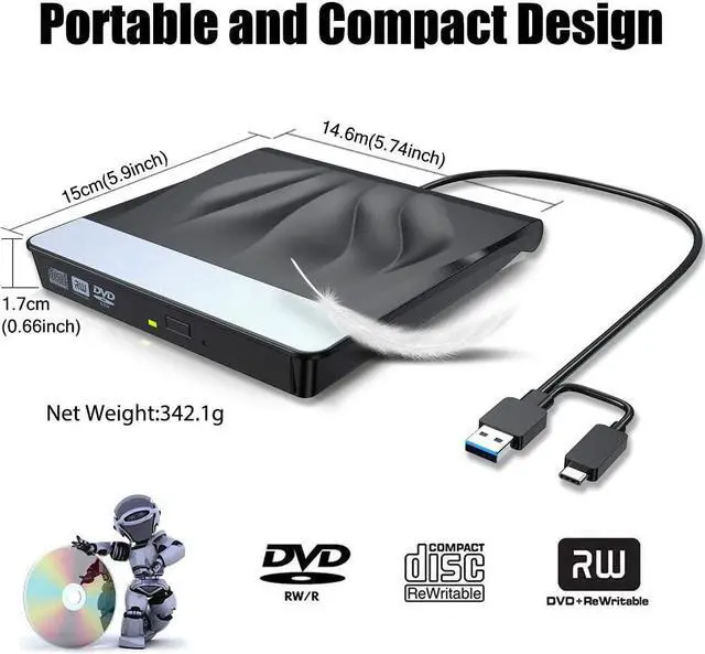 Alt view image 5 of 7 - BONAEVER External CD DVD Drive USB 3.0 Type-C Portable Superdrive Burner Player Writer CD DVD +/- RW Compatible with Windows 10 8 7 XP Vi Standa Mac OS Systerm for Mac Pro Air iMac Laptop