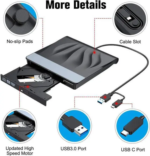 Alt view image 3 of 7 - BONAEVER External CD DVD Drive USB 3.0 Type-C Portable Superdrive Burner Player Writer CD DVD +/- RW Compatible with Windows 10 8 7 XP Vi Standa Mac OS Systerm for Mac Pro Air iMac Laptop