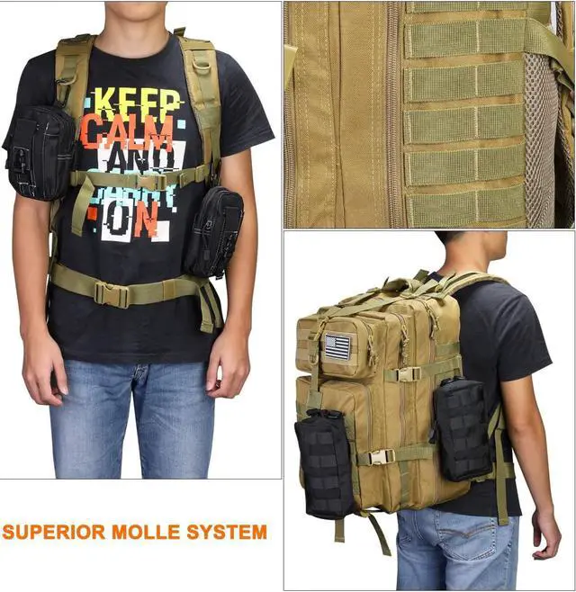 Alt view image 7 of 7 - BONAEVER Tactical Military Molle Backpack 1.2 gal (40 L) Large Capacity 180° Large Opening Removable Multi-functional For Outdoor Activities Mountain Climbing Hiking Traveling Khaki