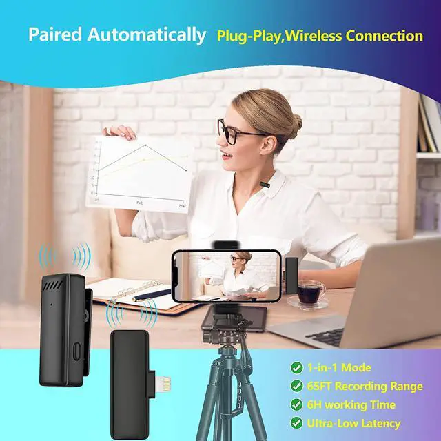 Alt view image 4 of 7 - BONAEVER Wireless Lavalier Lapel Microphone for iPhone iPad Mini Microphone with Portable Charging Case65FT Long Di Standance Transmission Wireless MicAuto-Sync NO APP or Bluetooth Needed