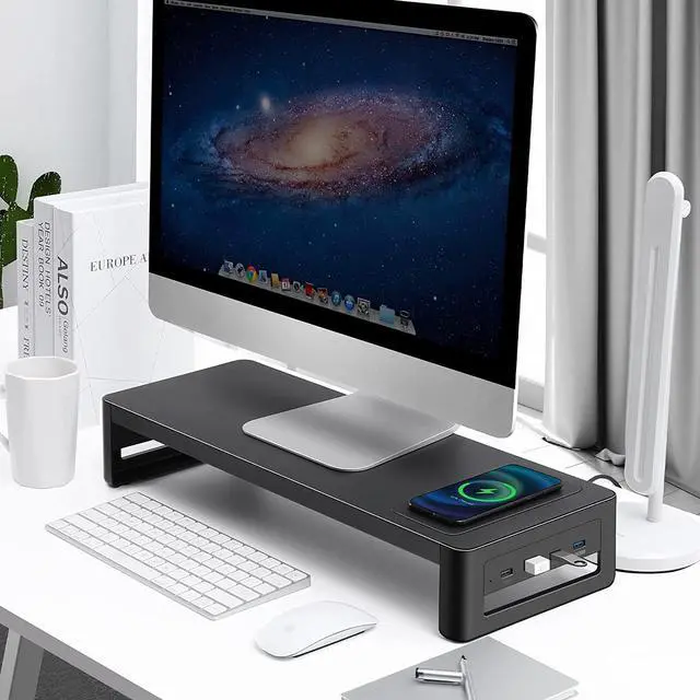Alt view image 5 of 7 - BONAEVER Monitor Stand Riser with Wireless Charger USB 3.0 Hub Support Data Transfer Extra Storage Standeel Desk Organizer for Laptop Computer Up to 27 inches 66 Pounds